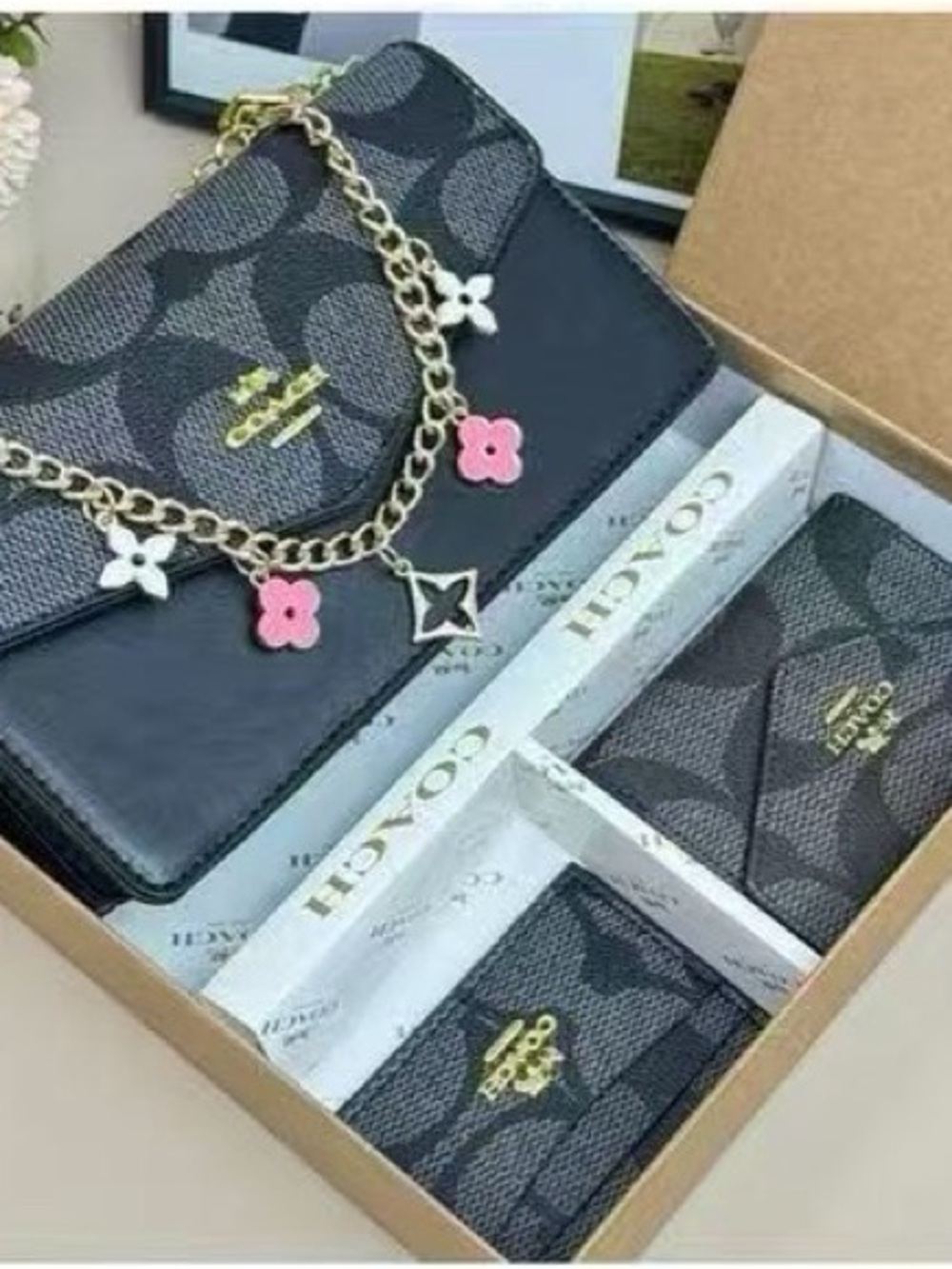 Coach Black Signature Canvas Wallet with Gold Chain and Pink Flower Charms